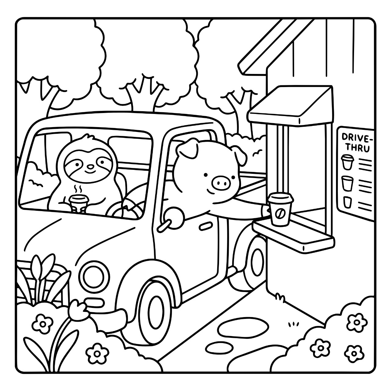 A blank black and white coloring page of a sloth and pig at a drive-thru